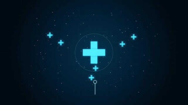 Medical digital interface with glowing plus sign and data particles, healthcare technology motion background