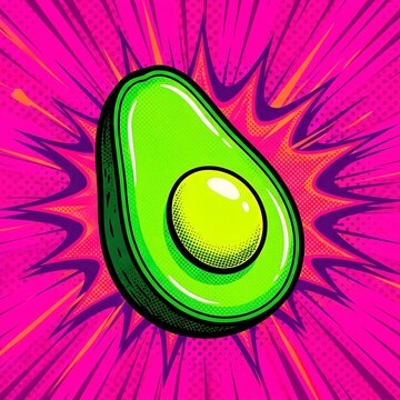 pop art poster of a halved avocado with bright green flesh, neon yellow pit, magenta background,.