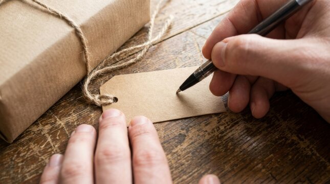 A person writes with a pen on a paper tag for a gift package.
