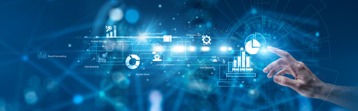 Data Science. Statistician pointing the hand at glowing probability distributions and quantitative variance calculation models. Empirical analysis and mathematical forecasting.