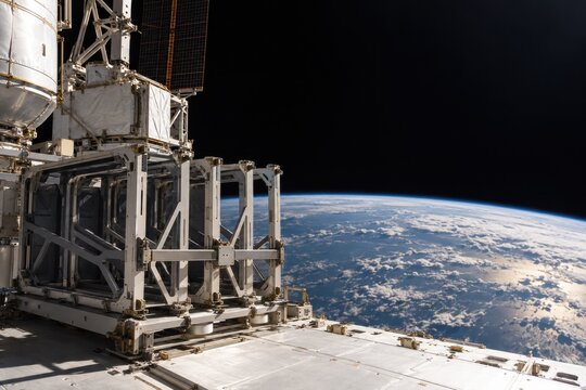 Empty rectangular cargo frames wait secured on an exterior orbital rack above Earth with rigid metal supports and a clear platform deck
