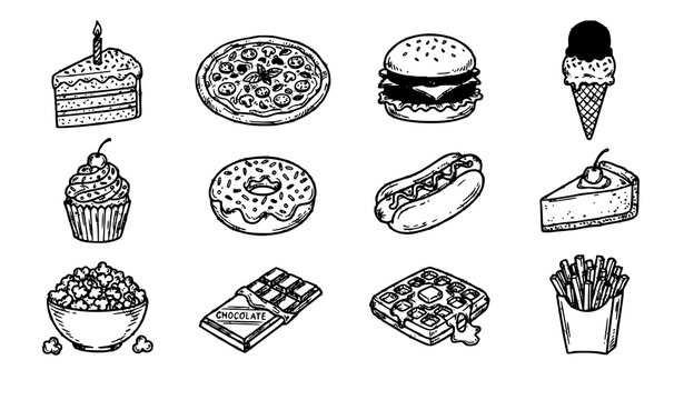 Hand Drawn Food Doodle Vector Set with Cake Pizza Burger and Ice Cream