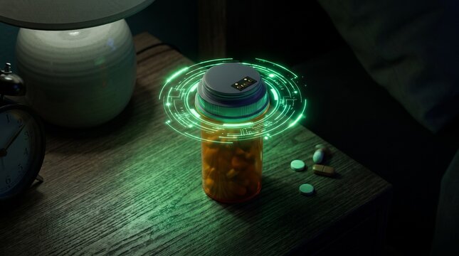 Conceptual image of a smart pill bottle emitting a glowing green digital reminder ring