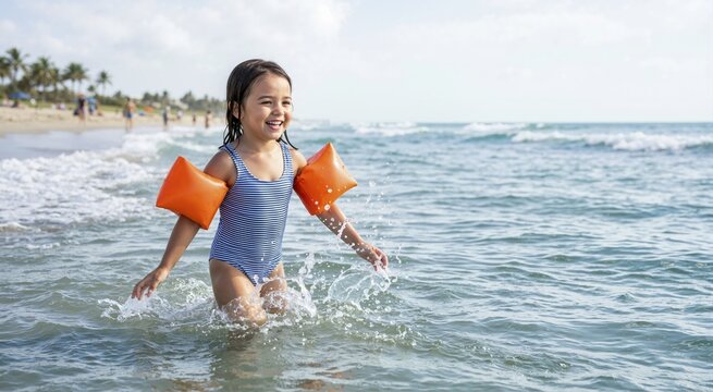 Child wearing arm floaties in the sea. Summer swimming and water play