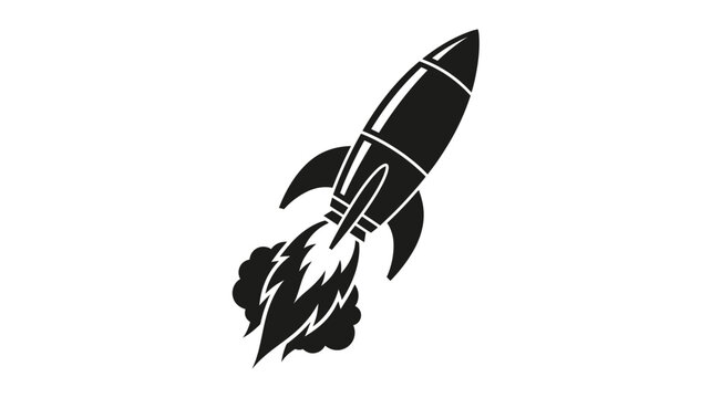 A rocket ship with flames is depicted in a black silhouette