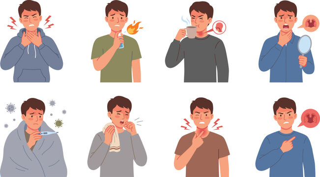 Man suffering sore throat pain character set experiencing flu cough pharyngitis tonsillitis infections symptoms healthcare vector illustration