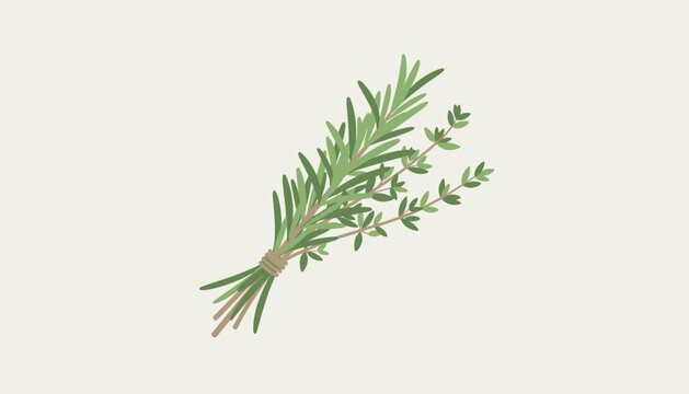 Small sprig bundle of fresh rosemary and thyme herbs tied neatly with string on a plain neutral background.