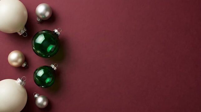 Christmas ornaments in green white and silver on a dark burgundy