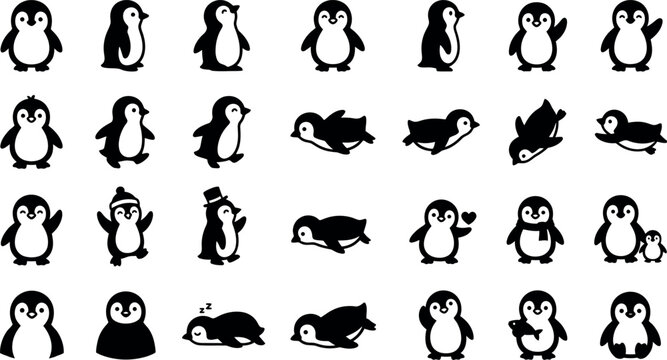 Collection of adorable penguin silhouettes in various poses and orientations on a white background