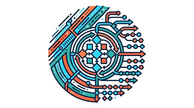 AI Vector Icon, Circular Diagram with Nine Diamond Core in Arrow Cycle and Radial Data Flow Paths