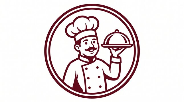 Chef holding a serving platter inside a circular frame logo design