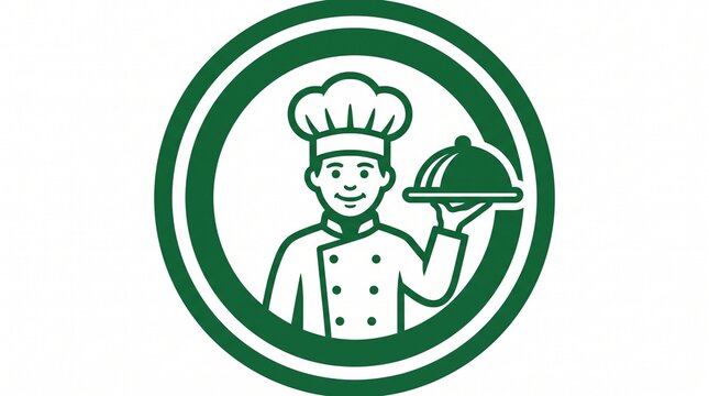 Green chef icon with serving cloche for restaurant branding