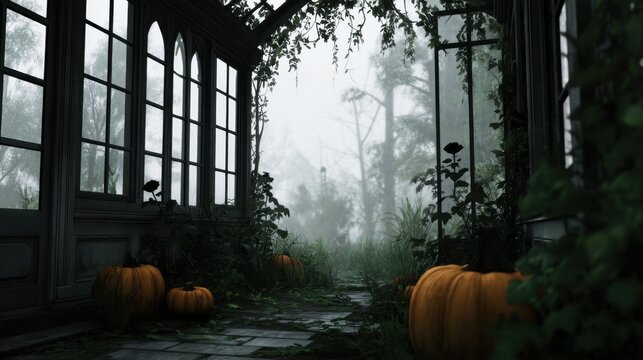 A misty greenhouse path surrounded by overgrown vegetation and pumpkins on a stone pathway