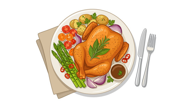 High-angle vector illustration of a whole roasted chicken on a ceramic plate, accompanied by grilled asparagus, roasted baby potatoes, cherry tomatoes, red onions, and a gravy bowl.
