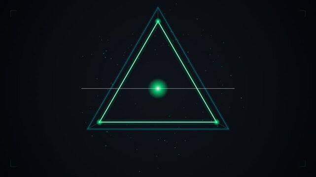 Futuristic quantum holographic motion graphic featuring an extruded 3D Delta prism rotating with emerald scanline pulses and camera zoom burst.