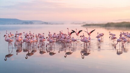 Naklejka premium Flock of pink flamingos standing in a calm lake at sunrise