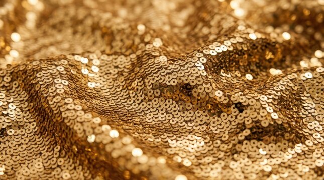 Shiny gold sequins fabric texture background with soft folds and glowing light reflections for luxury festive design