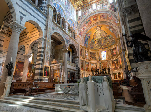 the crossing and choir in the cathedral at pisa tuscany italy and the mosaic of christ in the apse