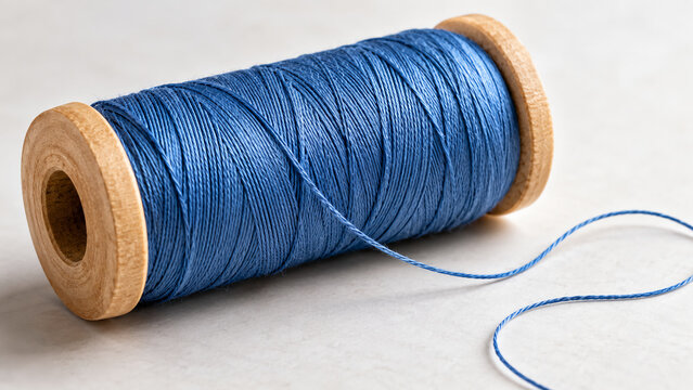 A wooden spool of blue thread on a light surface with a loose end unspooled