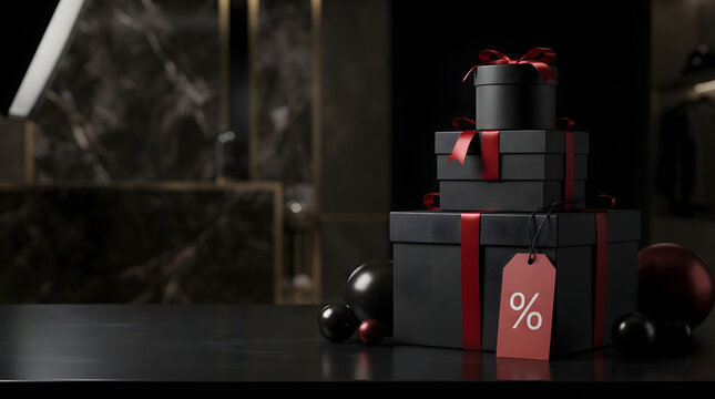Black gift boxes stack with red ribbons and percent price tag on dark marble table for seasonal retail sales events.