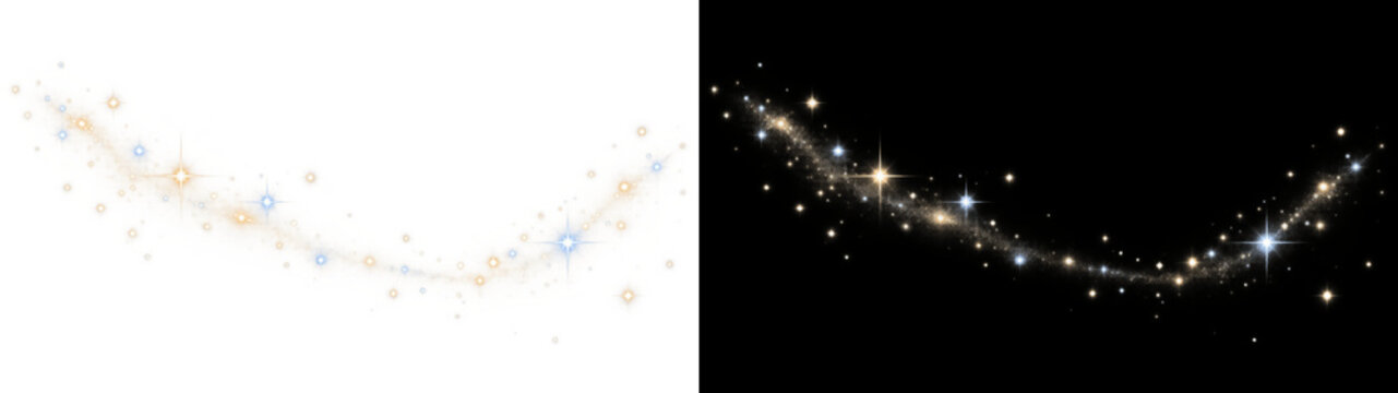 Glowing golden and blue star sparkles with magic light trail on transparent background, shining dust particles and twinkle effect for festive Christmas holiday design overlay png