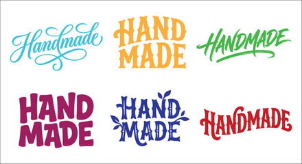 Six variations of the phrase handmade are displayed in colorful lettering styles against a white background handcrafted hand made calligraphy typography © vectors home