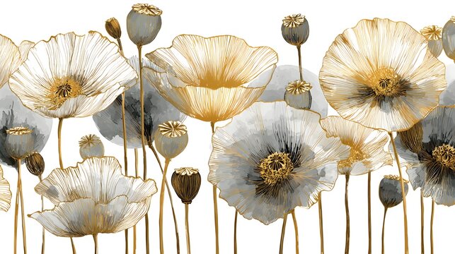 Elegant gold line art and grey watercolor poppy flower illustration background wallpaper banner.