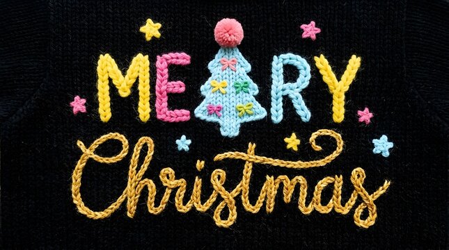 Colorful Merry Christmas Greeting with Knitted Tree Character and Festive Confetti