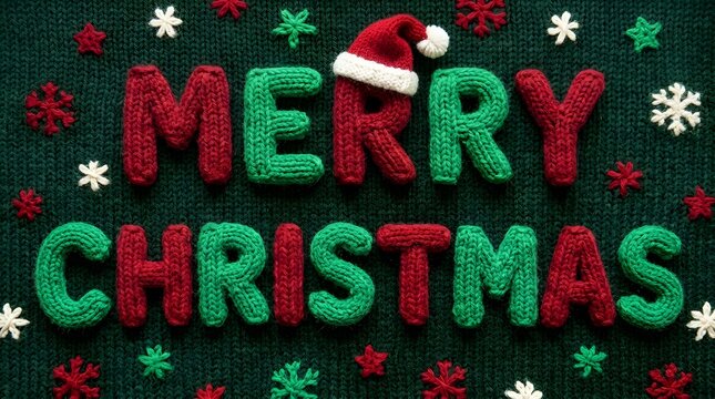 Handmade Knitted Merry Christmas Greeting with Santa Hat and Festive Snowflakes