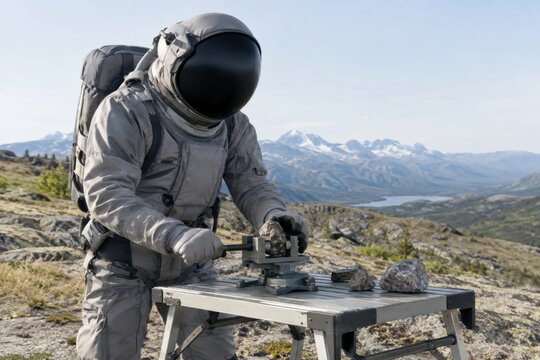Astronaut turning a small field vise around a rock sample on a portable metal table during ground geology training above a mountain valley