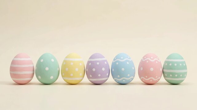 3D Colorful Pastel Easter Eggs Row Wobbling in Wave Motion on Soft Background, Spring Holiday Animation, Seamless Loop with Copy Space for Greeting Card, Sale Promo, Social Media