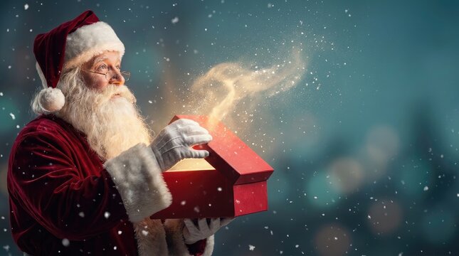 Santa claus opens glowing gift box with magic light particles on snowy winter night
