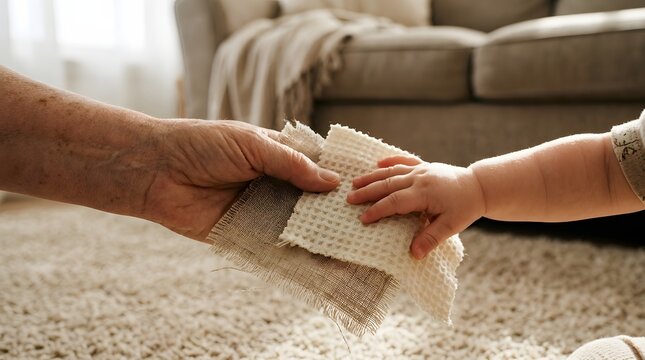 Older person holding fabric samples being touched by toddler hand in living room   