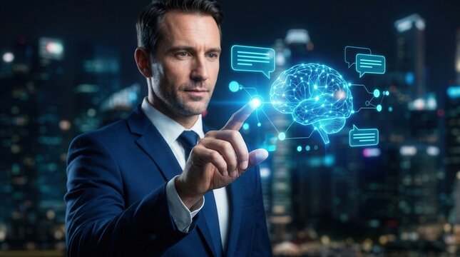 Artificial intelligence AI chat message concept linking users to knowledge base and analytics for business decisions.
