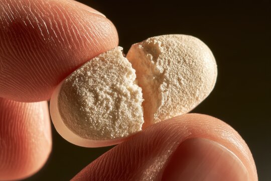 Fingers splitting a medication tablet in half for a precise dose