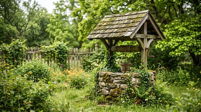 An old rustic wooden well is peacefully situated among vibrant green plants near a calm pond mirroring the beautiful scenery