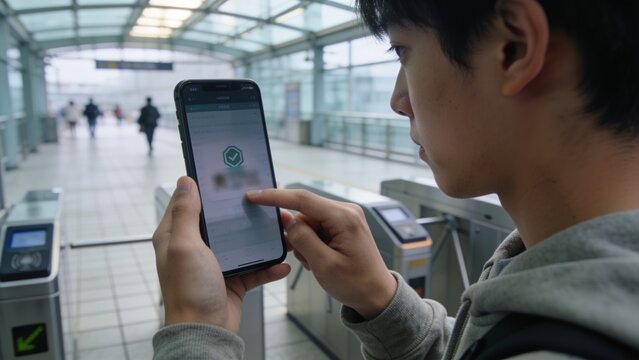 Holding phone, teen male in grey hoodie with backpack showing checkmark at fare gate, copy space