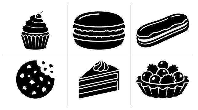 Dessert icons set with cupcake, macaron, eclair, cookie, cake slice and tart for bakery