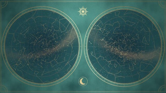 Antique Star Map with Rotating Constellations, Gold Celestial Chart of Both Hemispheres, Seamless Loop 4K