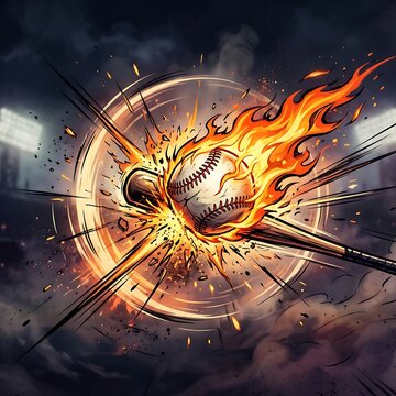 poster of a baseball bat hitting a flaming baseball with stylized motion lines. Typography: "Home Run!"