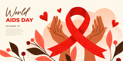 Fototapeta premium World AIDS Day vector illustration with red awareness ribbon, open hands, hearts and botanical elements. Textured design for HIV awareness campaigns, December 1 posters, banners and social media.