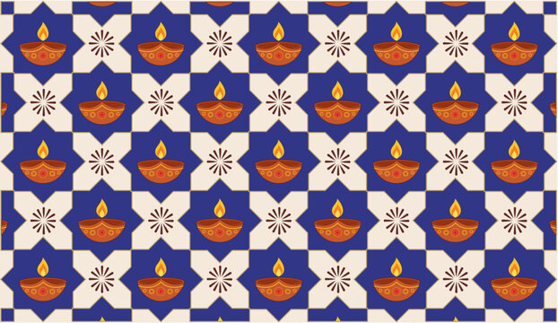 Diwali seamless pattern background vector with traditional diya oil lamps and geometric star design for Indian festival of lights celebration