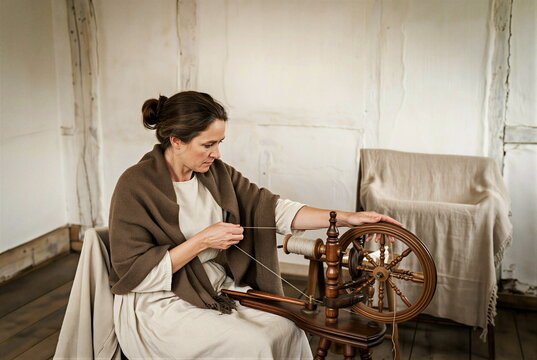 Craftsperson spinning flax fibers into fine linen thread on spinning wheel