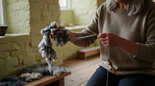 Fiber artist drafting raw sheep wool into yarn using wooden drop spindle