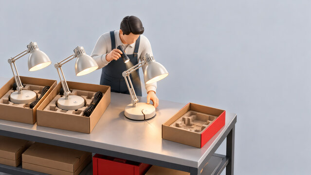 Quality control inspector examining cracked desk lamp with flashlight on workbench for defect detection and product assurance in manufacturing factory