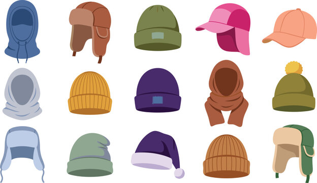 Winter hats vector clothing illustration set. Beanie, cap, ushanka, hood, scarf, pompom, balaclava, headwear, apparel.