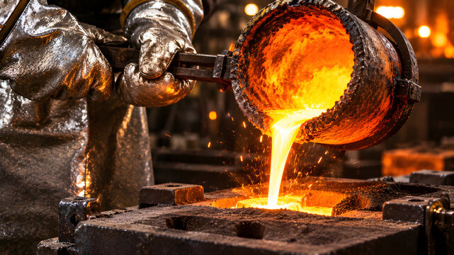 Foundry worker hands pouring molten metal from ladle into sand casting mold.