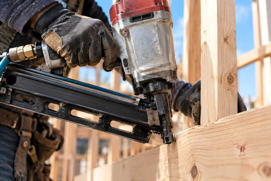 Carpenter hands holding heavy pneumatic framing nailer driving nail into wooden stud.