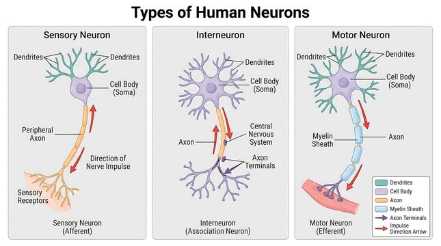 Types of human neurons educational diagram, sensory interneuron and motor neuron anatomy chart, medical biology science illustration