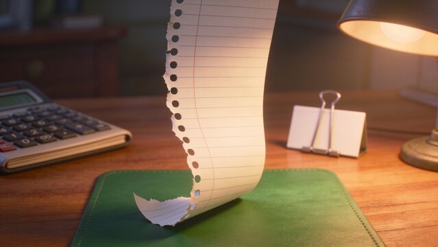 Curling torn lined sheet on home desk under metal lamp, with calculator, binder clip, stitched pad